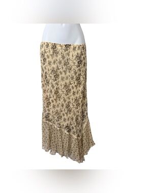 VTG Robbie Bee 100% Silk Brown Beige Floral Assymetric Midi Skirt Ruffle Hem 10